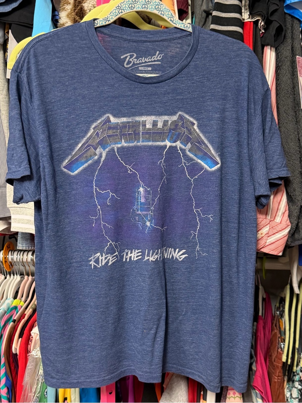 Metallica ride the lightning tshirt blue 1990’s concert band adult Large Bravado